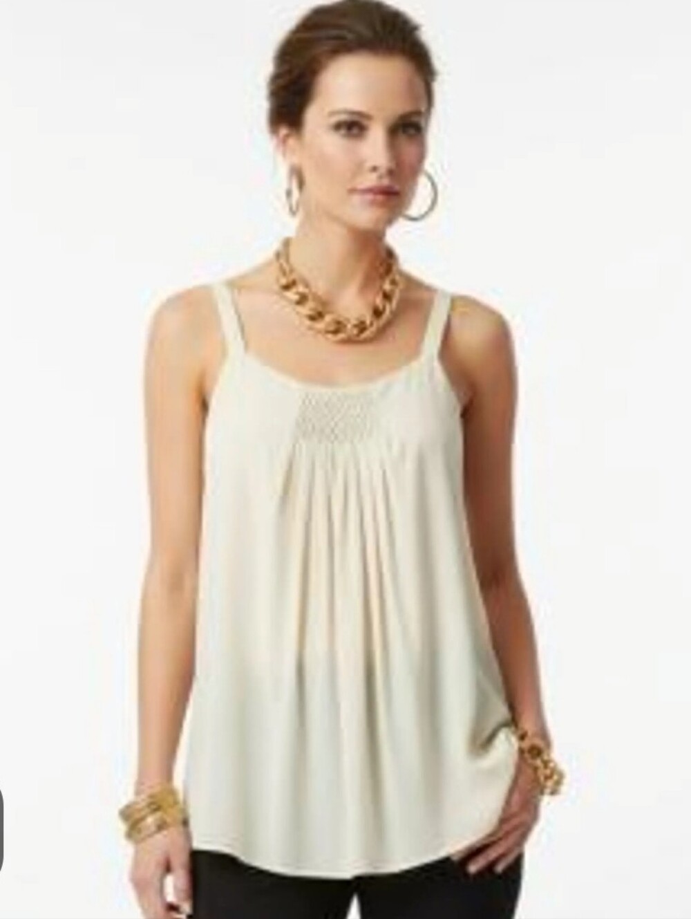 Eileen Fisher Vintage Smocked Silk Georgette Tank Top Ivory Cream L NWT